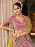 Pastel Yellow & Dusty Pink Zari Tissue Lehenga with Lime Yellow Dupatta - 7912