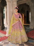 Pastel Yellow & Dusty Pink Zari Tissue Lehenga with Lime Yellow Dupatta - 7912