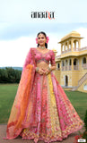 Bright Pink & Multi-Shade Zari Tissue Lehenga with Orange-Pink Net Dupatta - 8001