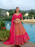 Bright Pink & Orange Embroidered Raw Silk Lehenga Set - 8003