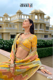 Mustard Yellow & Sage Green Pure Silk Embroidered Lehenga Set - 8004