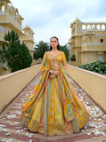 Mustard Yellow & Sage Green Pure Silk Embroidered Lehenga Set - 8004