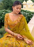 Elegant Mustard Yellow Embroidered Lehenga Set in Pure Viscose Satin - 8005