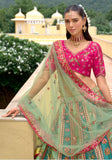 Sage Green and Teal Blue Viscose Satin Lehenga with Magenta Pink Blouse and Net Dupatta - 8006