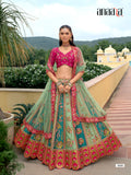 Sage Green and Teal Blue Viscose Satin Lehenga with Magenta Pink Blouse and Net Dupatta - 8006