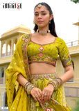 Light Gold & Lime Green Organza Embroidered Lehenga Set - 8007