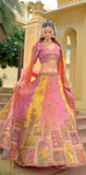 Tissue Zari Pink–Peach–Mustard Bridal Lehenga Set - 8008