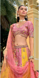 Tissue Zari Pink–Peach–Mustard Bridal Lehenga Set - 8008