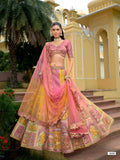 Tissue Zari Pink–Peach–Mustard Bridal Lehenga Set - 8008