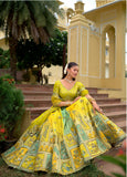 Mustard Yellow & Mint Sage Green Tissue Zari Lehenga – Handcrafted Embroidery - 8009