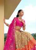 Rani Pink & Cream Silk Cut Work & Mirror Work Bridal Lehenga Choli - 8010