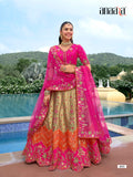 Rani Pink & Cream Silk Cut Work & Mirror Work Bridal Lehenga Choli - 8010
