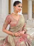 Dusty Pink & Sage Green Tissue Zari Embroidered Saree Set - 8101