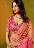 Orange Peach Zari Viscose Tissue Saree with Orange Peach Embroidered Silk Stiched Blouse - 8406 - Anaara ethnic