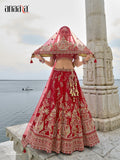 Red Raw Silk Bridal Wedding Lehenga Set with Heavy Net Dupatta - AA143
