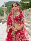 Red Raw Silk Bridal Wedding Lehenga Set with Heavy Net Dupatta - AA145