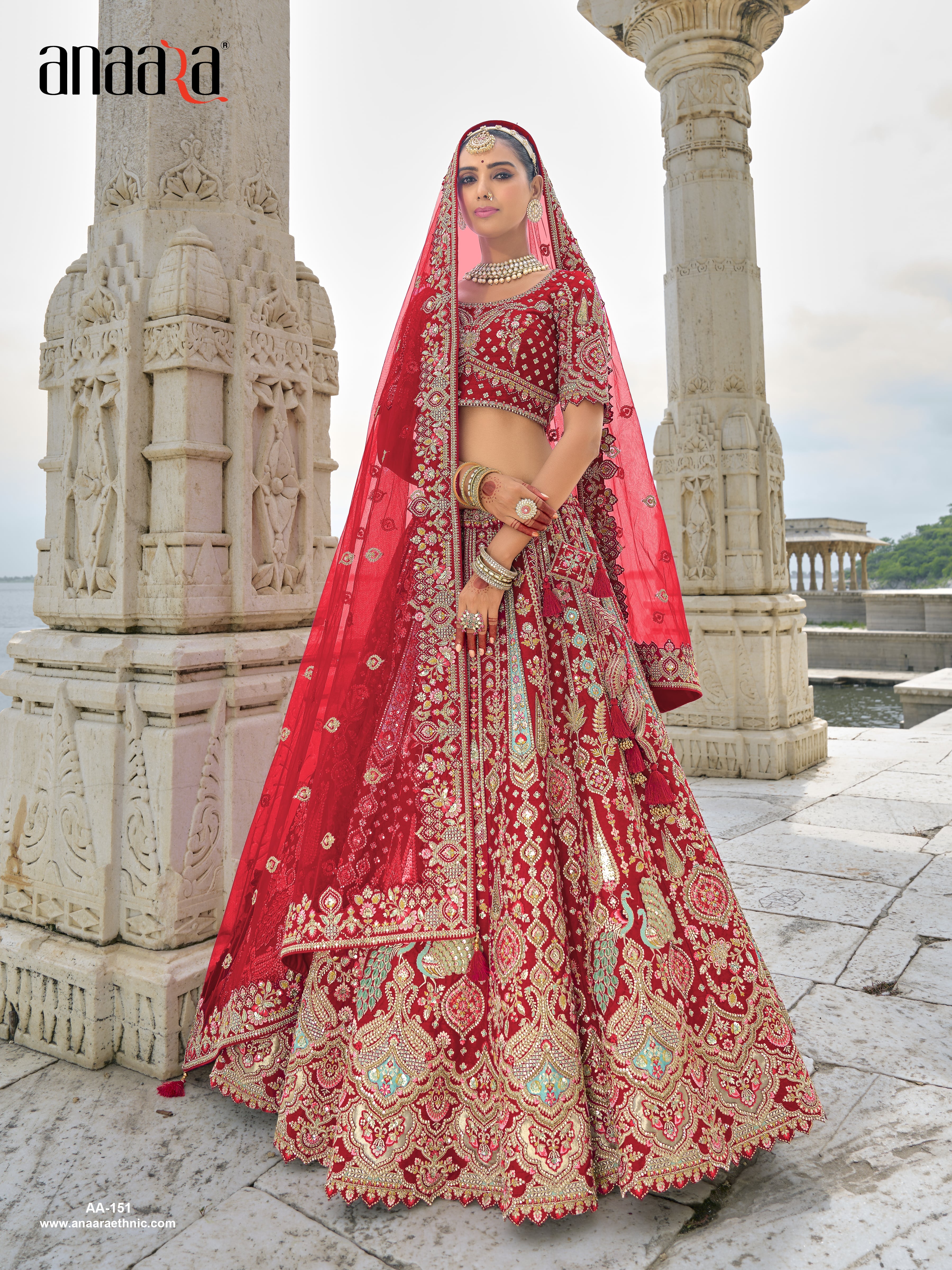 Red Raw Silk Bridal Wedding Lehenga Set with Heavy Net Dupatta AA151