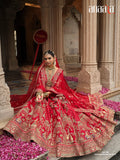 Khatli Embroidered Bright Red Silk Bridal Lehenag Choli - AA158