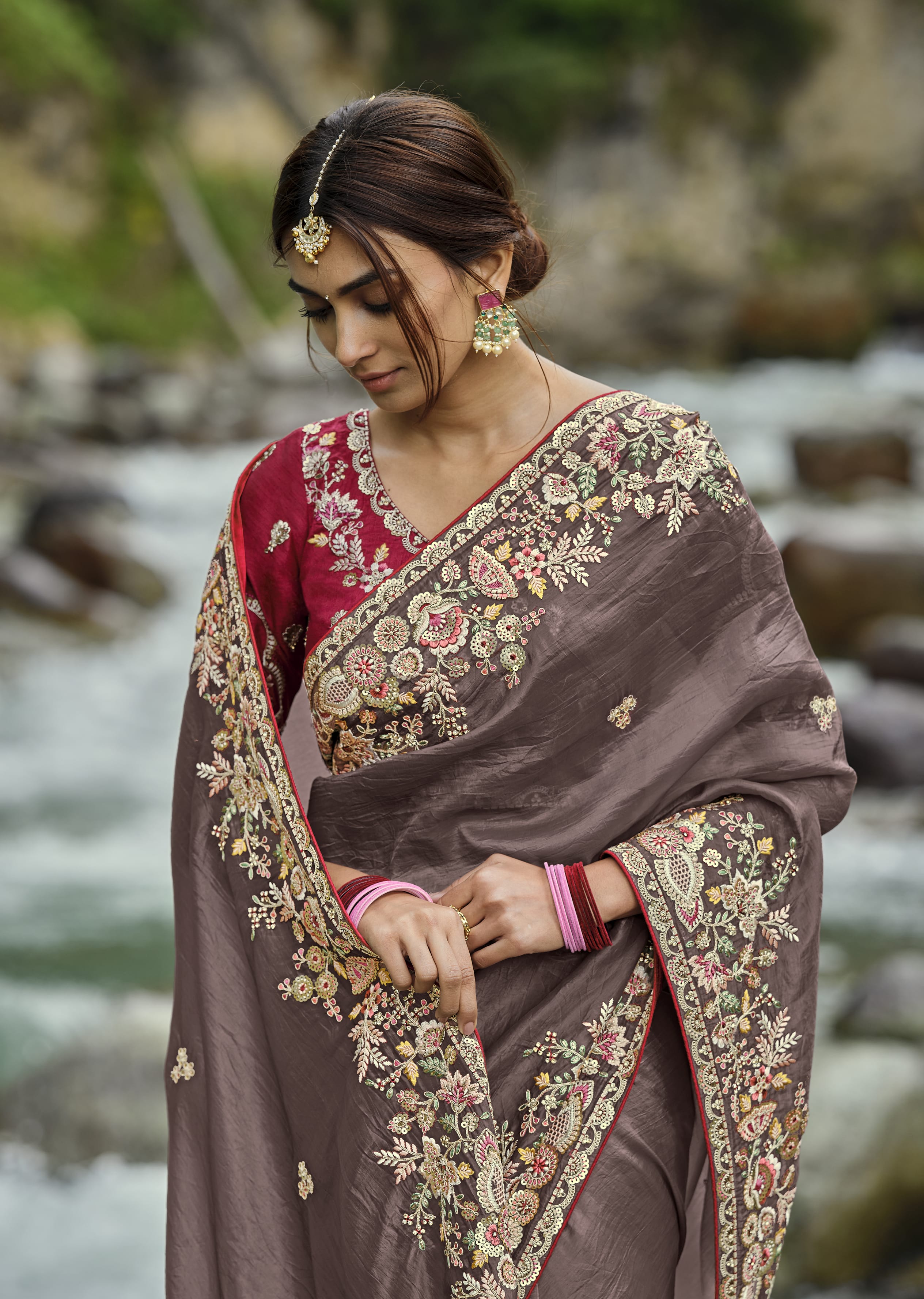 Embroidered Brown Saree