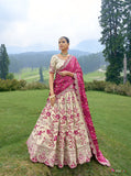 Elegant Off-White Circular Lehenga Set in Pure Satin with Off-White Blouse and Red Pink Bandhej Dupatta - 6509