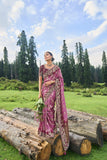 Traditional Brown and Pink Pure Dola Silk Saree with Elegant Embroidery and Patchwork - 6605