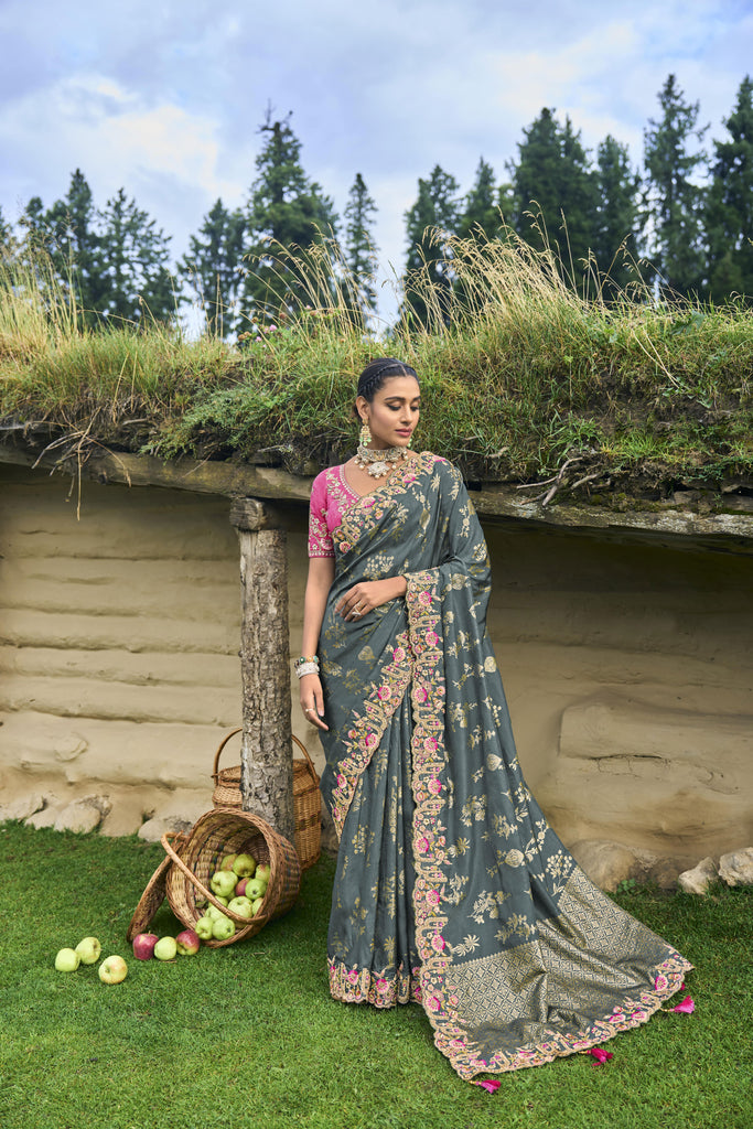 Traditional Grey Pure Dola Silk Saree with Elegant Embroidery and Patc ...