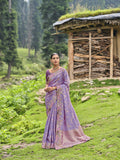Traditional Lavender Pure Dola Silk Saree with Elegant Embroidery and Patchwork - 6608