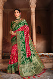 Red & Green Jacquard Woven Silk Saree With Embroidered Work 4701