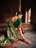 Red & Green Jacquard Woven Silk Saree With Embroidered Work 4701