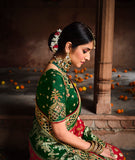 Red & Green Jacquard Woven Silk Saree With Embroidered Work 4701