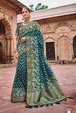 Prussian Blue Jacquard Woven Silk Saree With Embroidered Work 4709