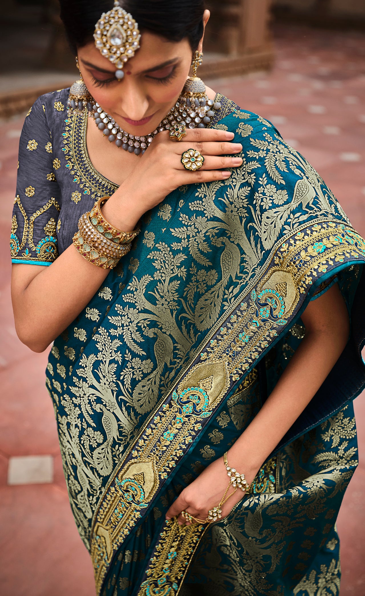 Prussian Blue Jacquard Woven Silk Saree With Embroidered Work 4709