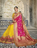 Pink Yellow Designer Traditional Silk Half N Half Saree Embroidered With Handwork - 5201