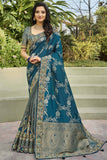 Blue And Grey Half N Half Silk Saree With Embroidered Work 4401