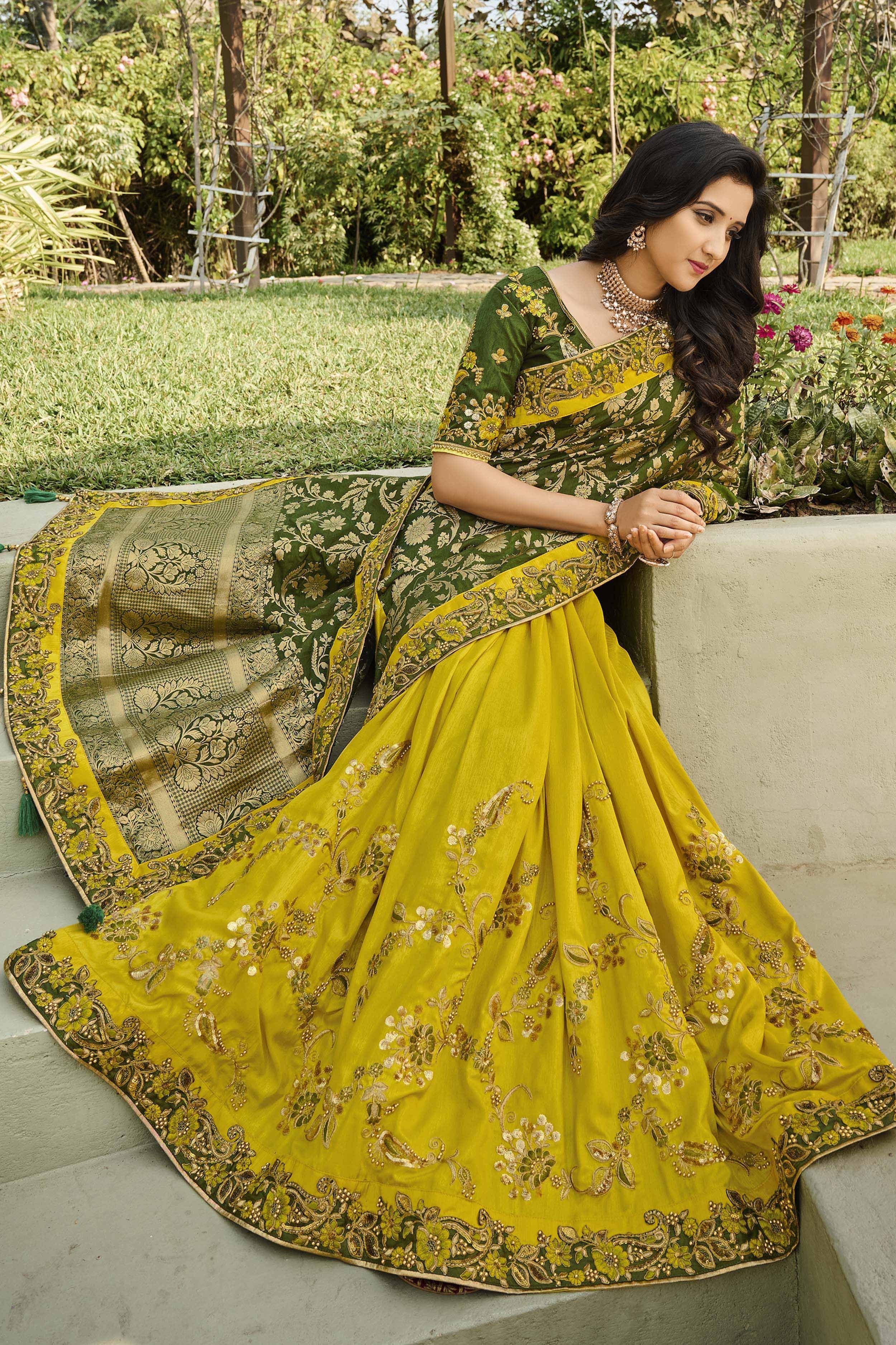 Yellow And Green Half N Half Silk Saree With Embroidered Work 4403