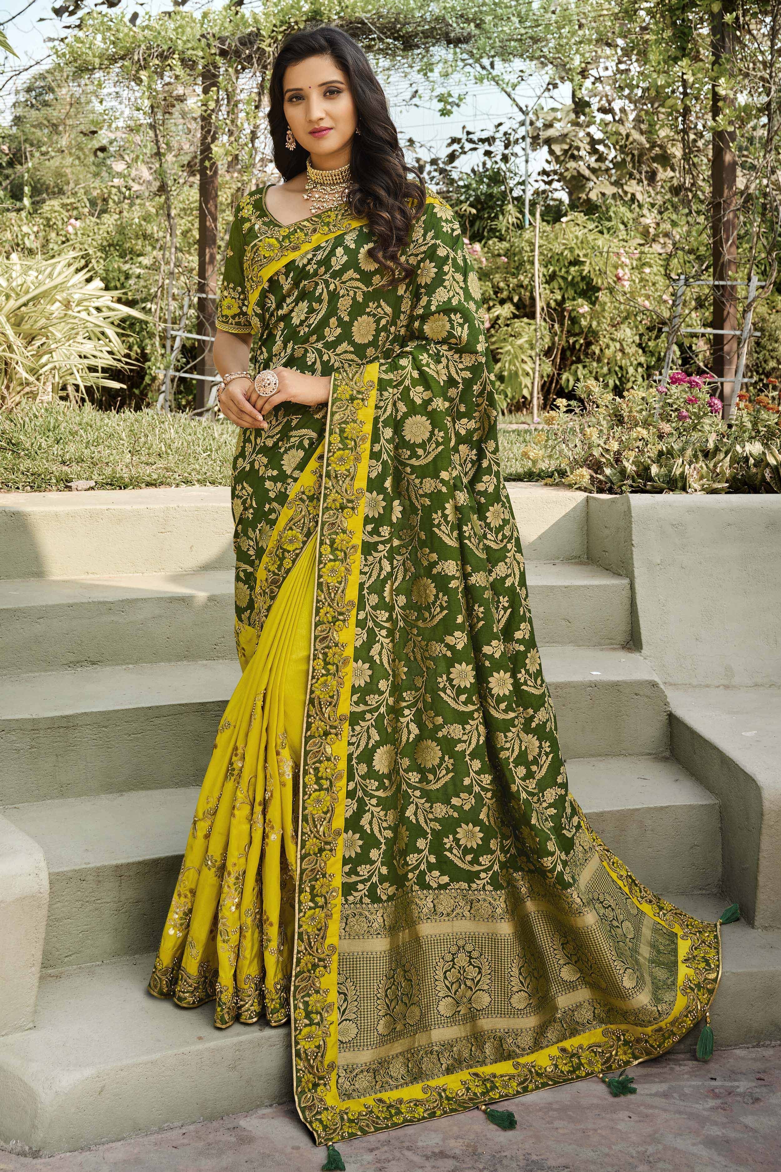 Yellow And Green Half N Half Silk Saree With Embroidered Work 4403