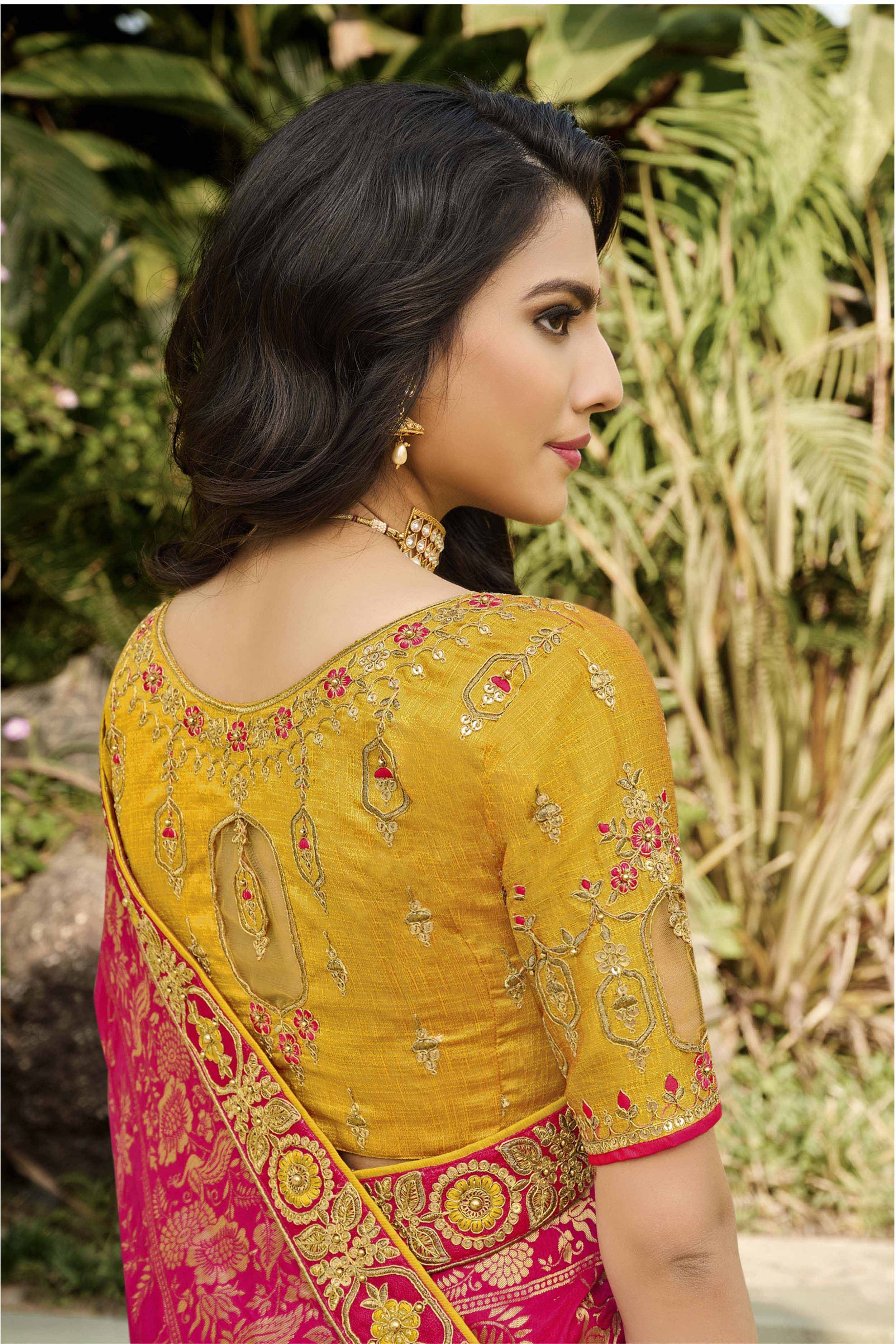 Yellow And Pink Half N Half Silk Saree With Embroidered Work 4408
