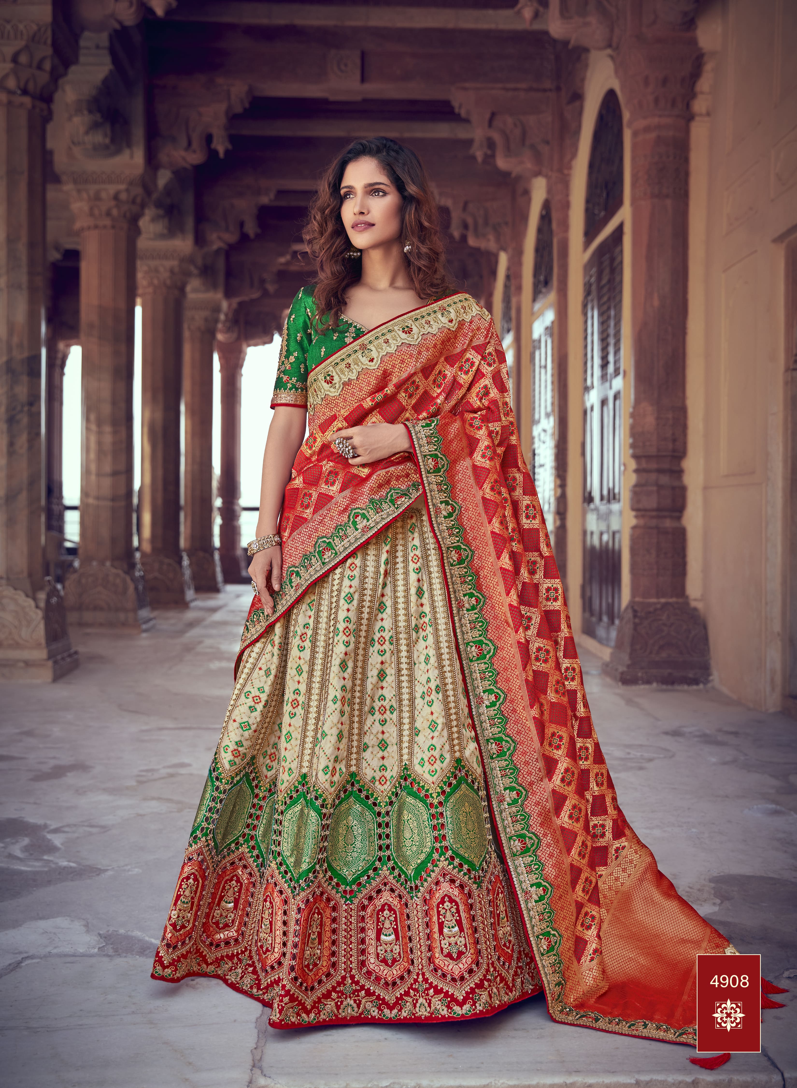 Cream White & Red Banarasi Silk Partywear Celebrity Style Lehenga Chol