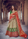 green pink banarasi lehenga