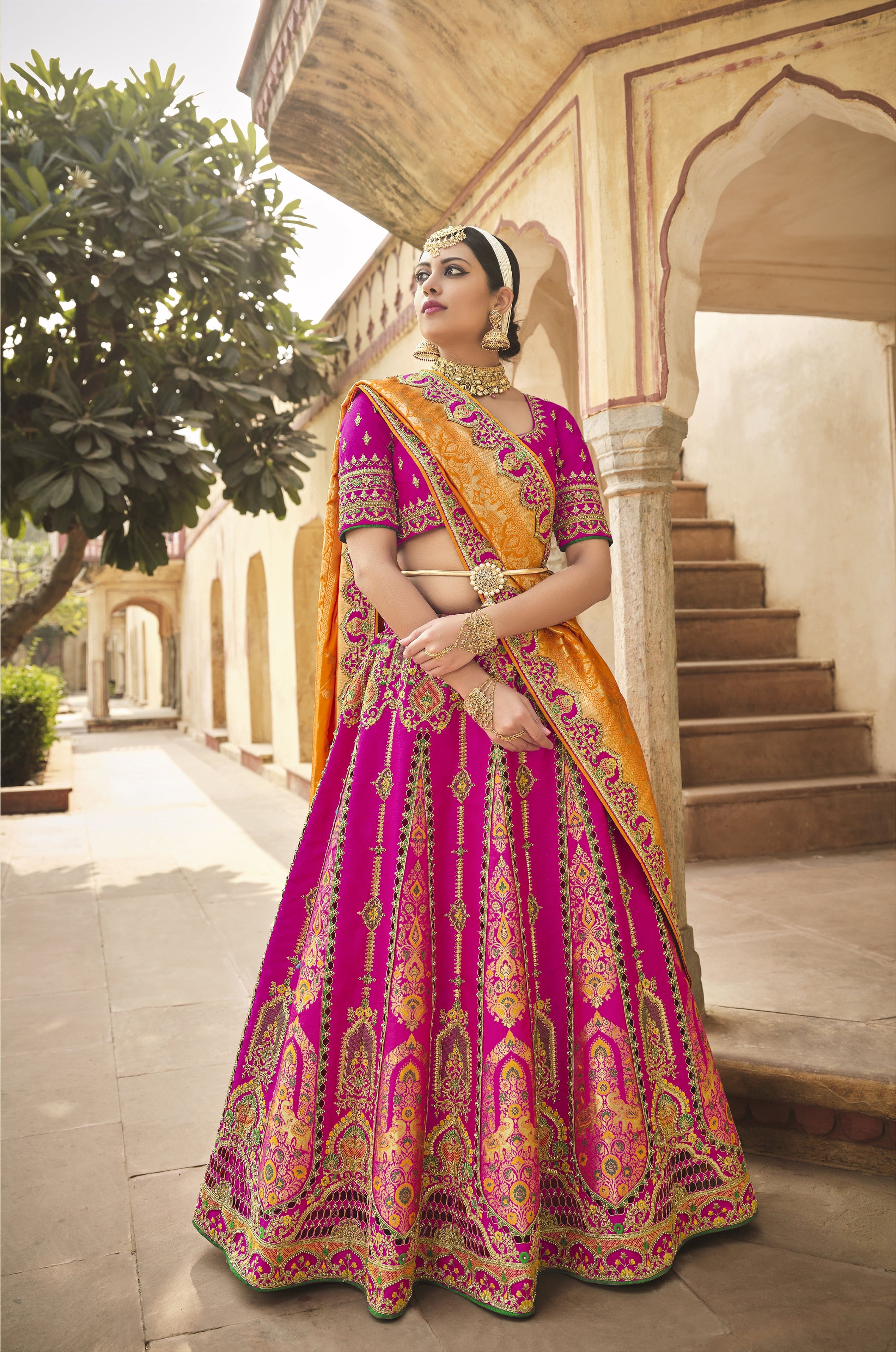 Hot Pink And Gold Orange Banarasi Silk Lehenga Choli With Embroidery H