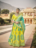 Lemon Firozi Banarasi Silk Lehenga Choli With Embroidery Hand Work 5012