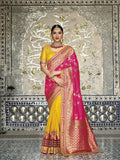 Pink Yellow Designer Traditional Silk Half N Half Saree Embroidered With Handwork - 5201