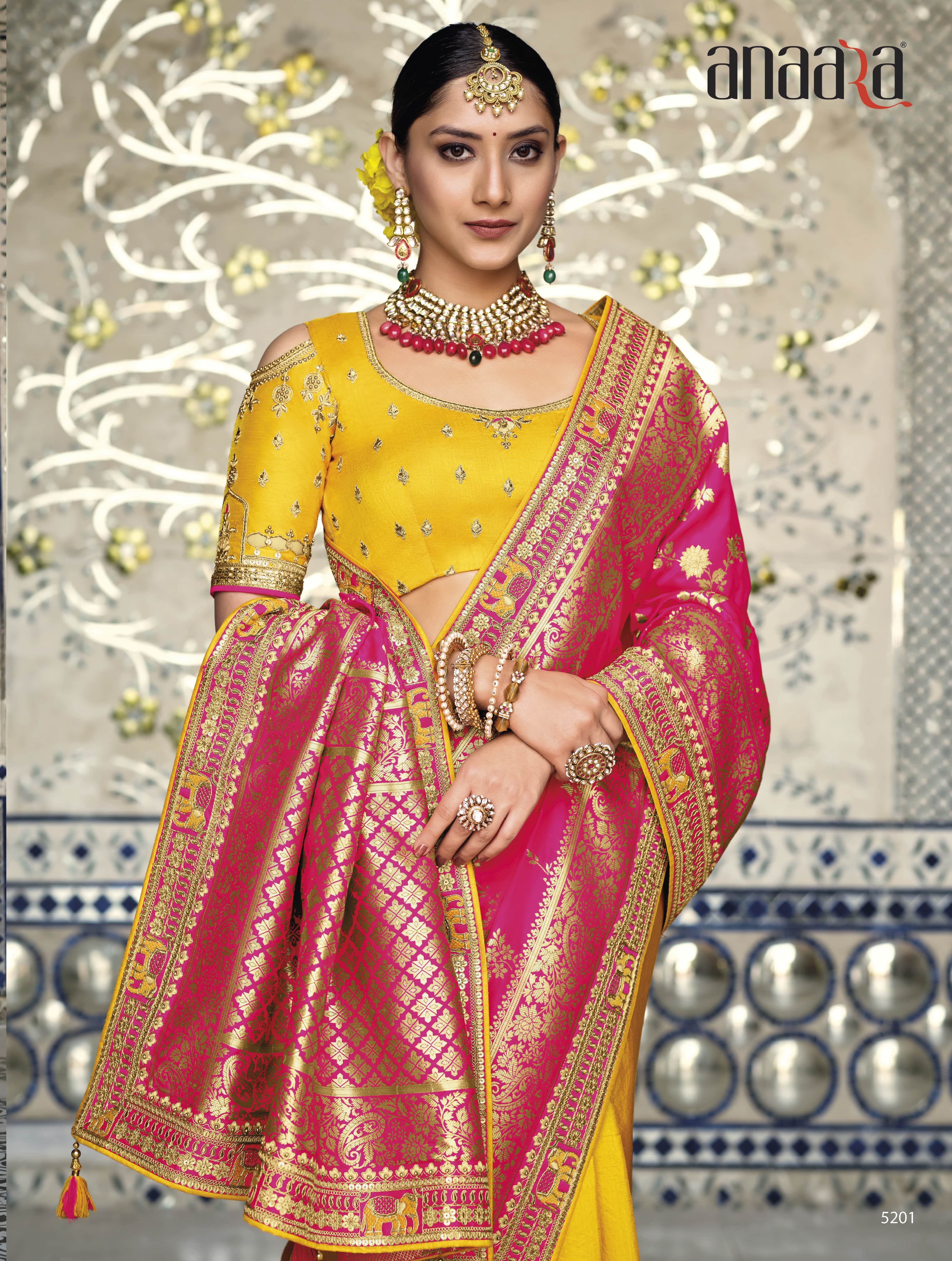 Pink Yellow Designer Traditional Silk Half N Half Saree Embroidered With Handwork - 5201
