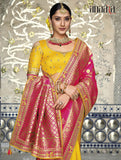 Pink Yellow Designer Traditional Silk Half N Half Saree Embroidered With Handwork - 5201