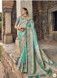 Sea Green Grey Designer Traditional 3d Dyeing Satin Saree Embroidered Heavy Blouse Work - 5305
