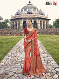 Red Peach Designer Traditional 3d Dyeing Satin Saree Embroidered Heavy Blouse Work - 5306