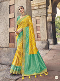 firozi yellow satin saree