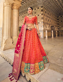 Peach Rani Heavy Embroidered Gota Pati Work Banarasi Silk Semi-Stitched Crush Lehenga Choli 5402