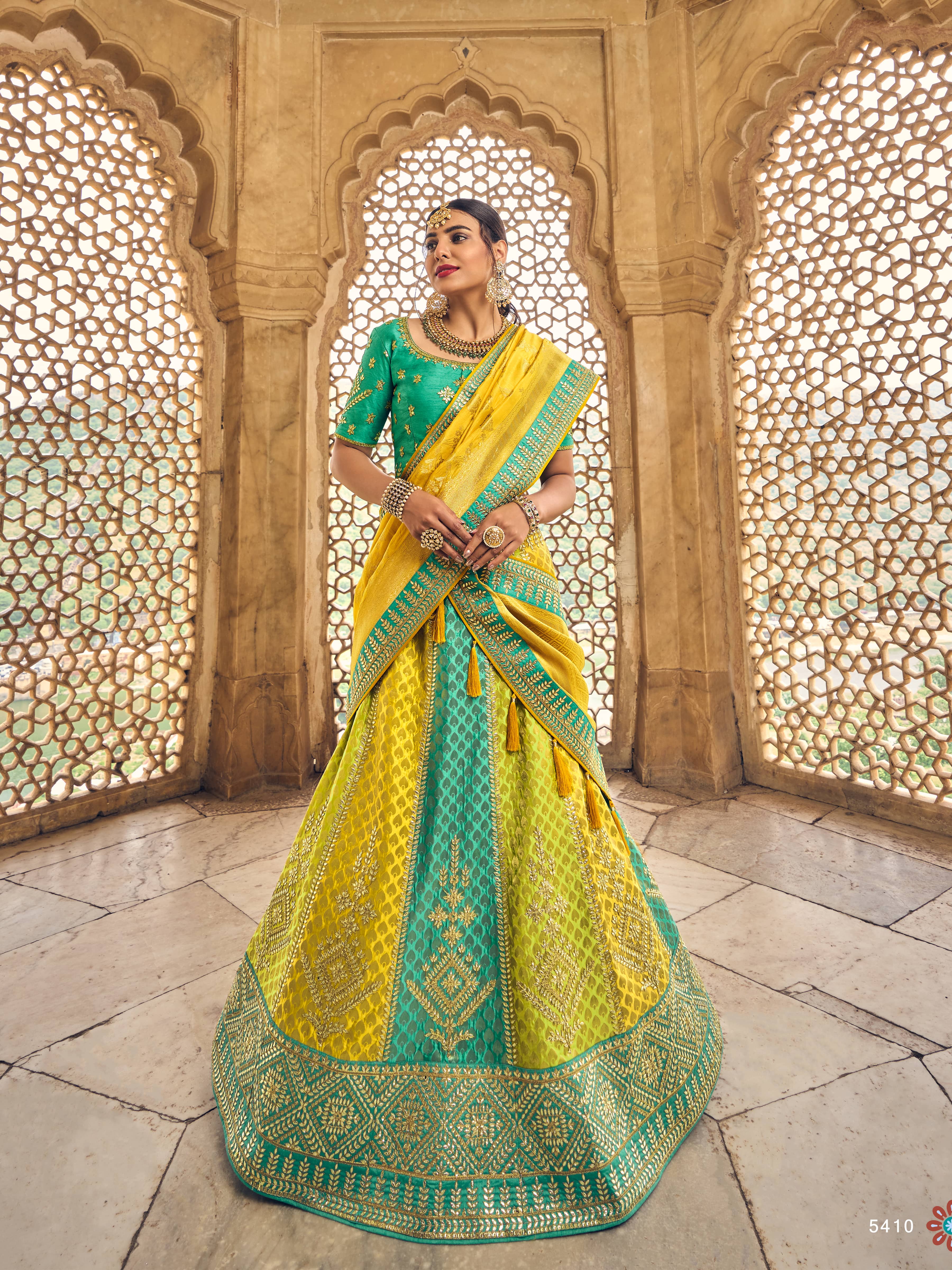 Buy Gleaming Teal Green-Yellow Embroidery Banarasi Silk Wedding Lehenga  Choli from Designer Lehenga Choli