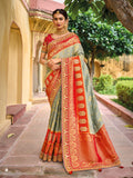 Grey Orange Designer Traditional Pure Dola Viscose Saree Gota Pati With Hand Work - 5504